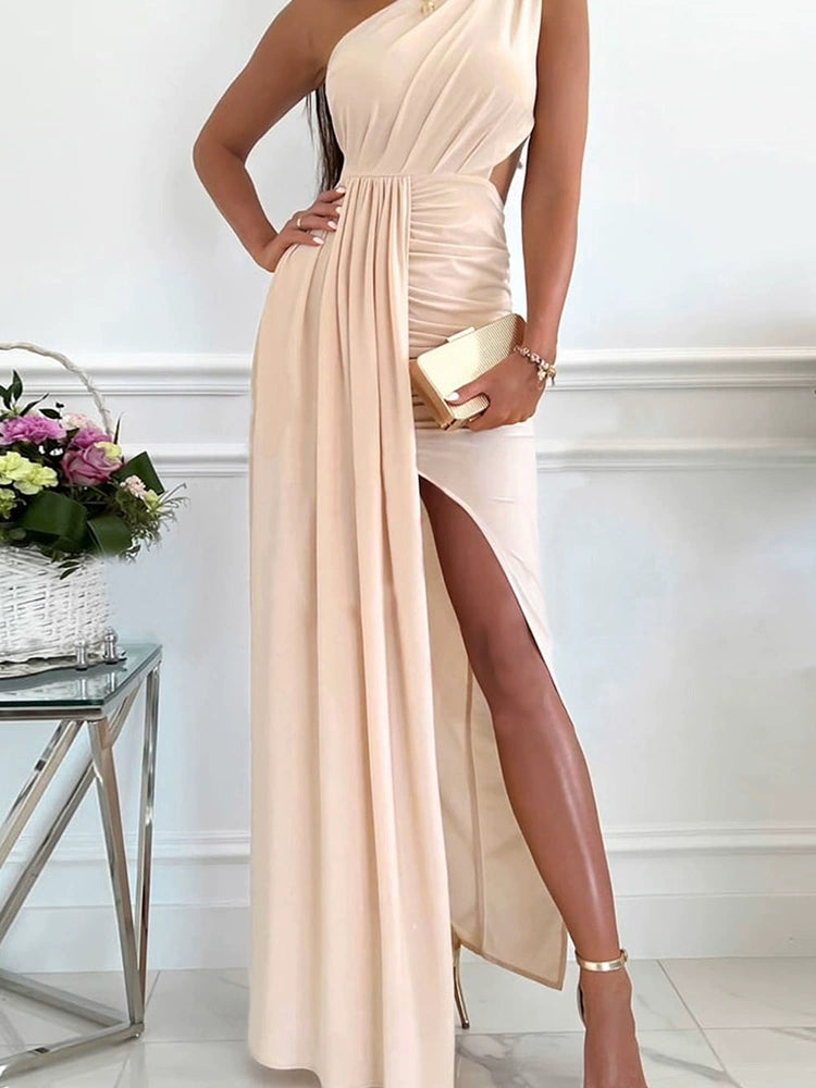 Summer 2024 New Arrival Pure Color off-Shoulder Dress European and American Elegant One Shoulder Cut Out Pleated Split Waist Fitted Long Dress for Women