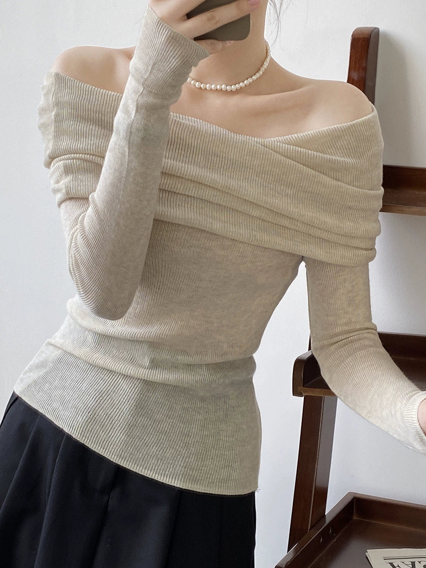 Off-Shoulder off-Neck Slim Fit Inner Wear Long Sleeve Sweater