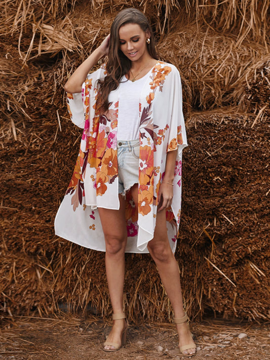 European and American Bikini Blouse Cardigan Summer New Arrival Print Beach Sun Protection Clothing Mid Length Long Length Chiffon Blouse for Women