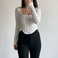 European and American-Style U-Collar Irregular Texture Slimming Long-Sleeved T-shirt