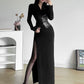 Kliou Sister Tuo Cool Style Black PU Leather Stitching Lapel Dress Women's Tight Waist Slimming Slit Sheath Dress