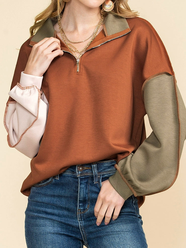 Fall 2024 New Arrival Colored Pullover Sweatshirt Women Fashion Loose Easiest for Match Casual Half Open V-neck Long Sleeve Top Women