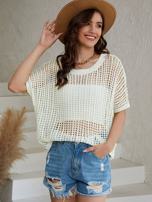 Fashion Mesh Knitting Wool Short-Sleeved T-shirt Female 2024 Summer New round Neck Loose Easiest for Match Half-Sleeve Top