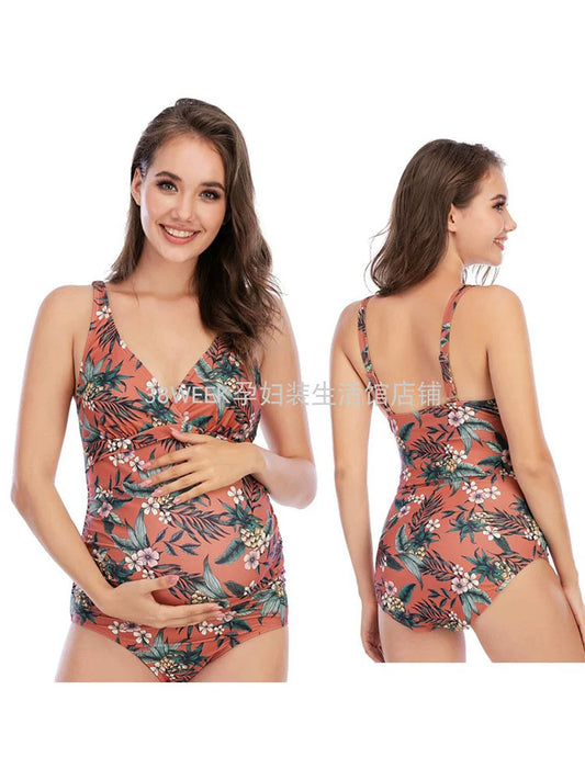 Professional Swimwear for Pregnant Women Floral Fancy One Piece Swimsuit Solid Color Halter Bikini plus Size Fat Girl Covering Belly Thin