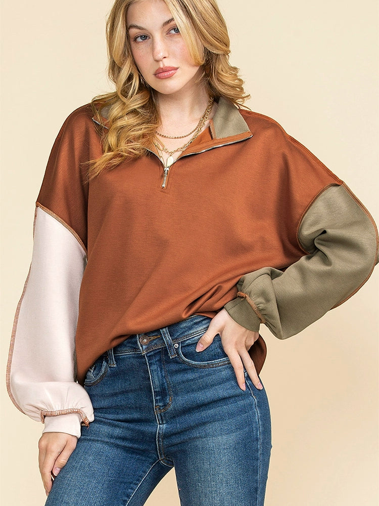 Fall 2024 New Arrival Colored Pullover Sweatshirt Women Fashion Loose Easiest for Match Casual Half Open V-neck Long Sleeve Top Women