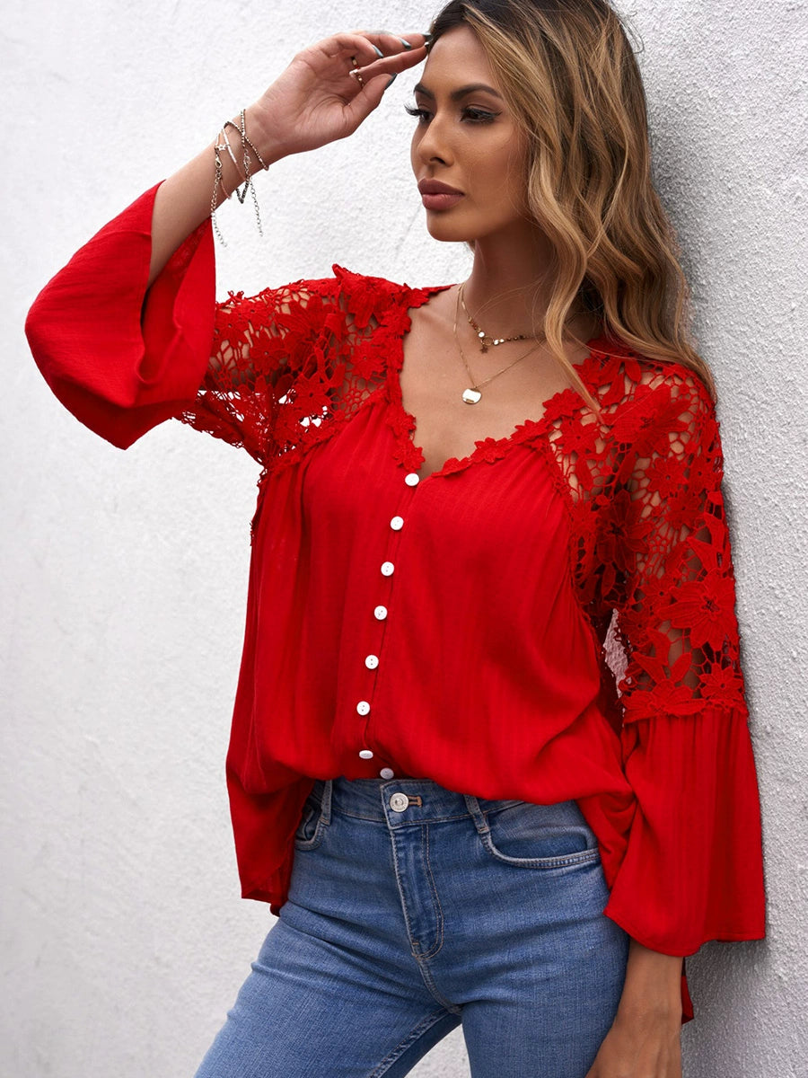 Long Sleeves Fashion Loose V-neck Pullover Tops Lace Shirt