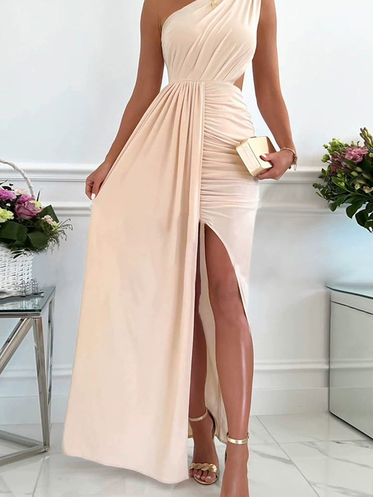 Summer 2024 New Arrival Pure Color off-Shoulder Dress European and American Elegant One Shoulder Cut Out Pleated Split Waist Fitted Long Dress for Women