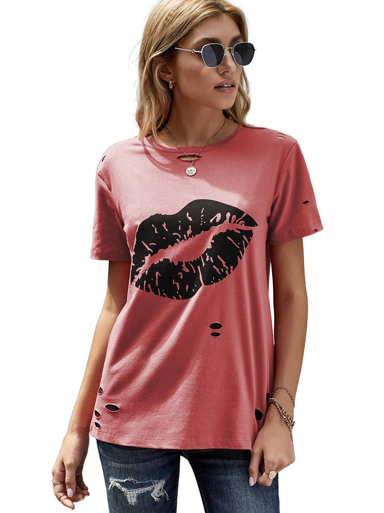 European and American Leisure Loose round Neck Print Short Sleeve T-shirt