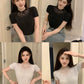 Diamond-Embedded Shiny Western Style Skinny Slimming Knitted Short Sleeve