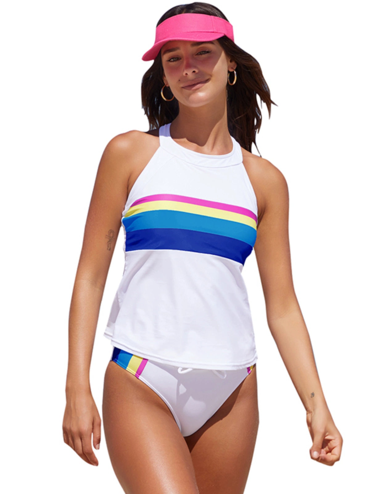 Fashion Sports Vest Swimsuit Two-Piece Suit Women's Summer New Arrival Contrast Color Stripes Conservative Cover Belly Separates Swimsuit