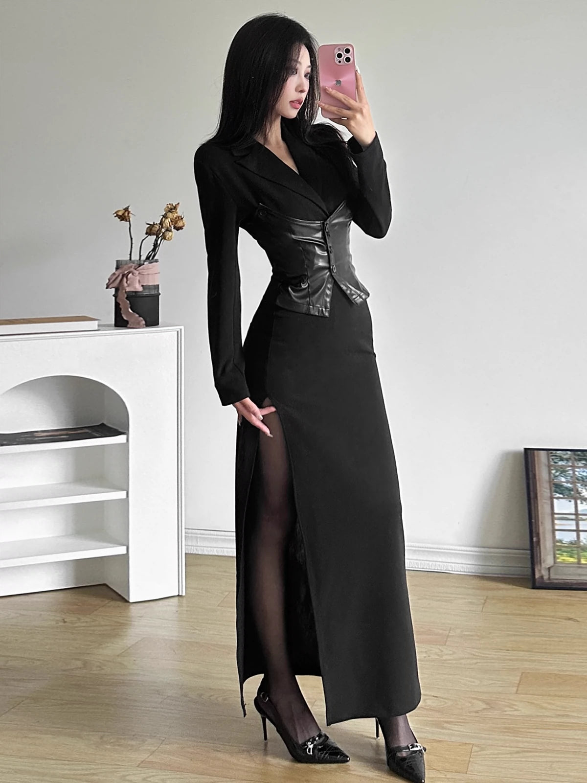 Kliou Sister Tuo Cool Style Black PU Leather Stitching Lapel Dress Women's Tight Waist Slimming Slit Sheath Dress