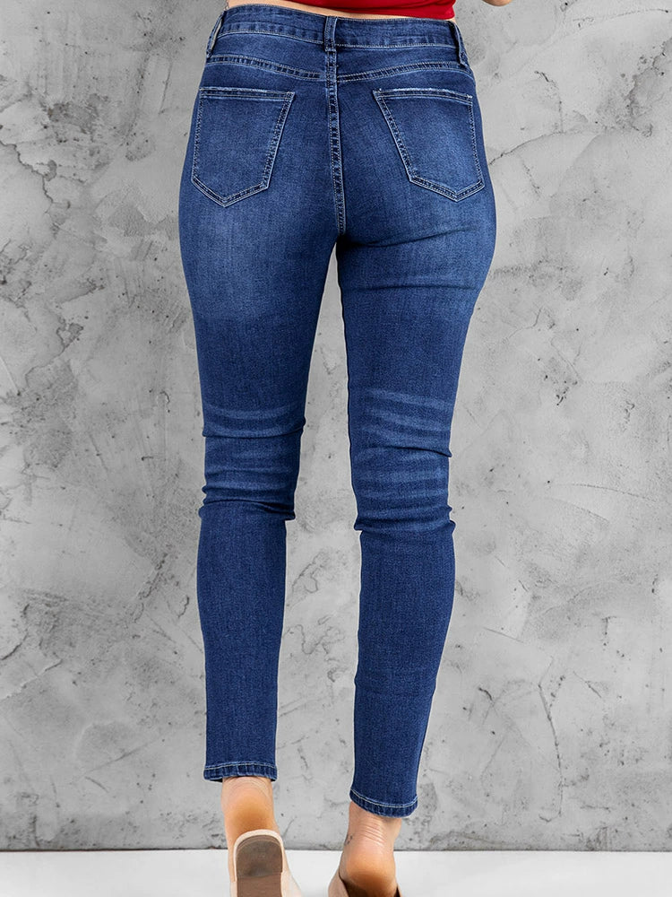 Autumn and Winter New Skinny Casual Jeans Women's European and American Ripped Distressed Ankle Tight High Waist Slim-Fit Slim Looking Denim Trousers