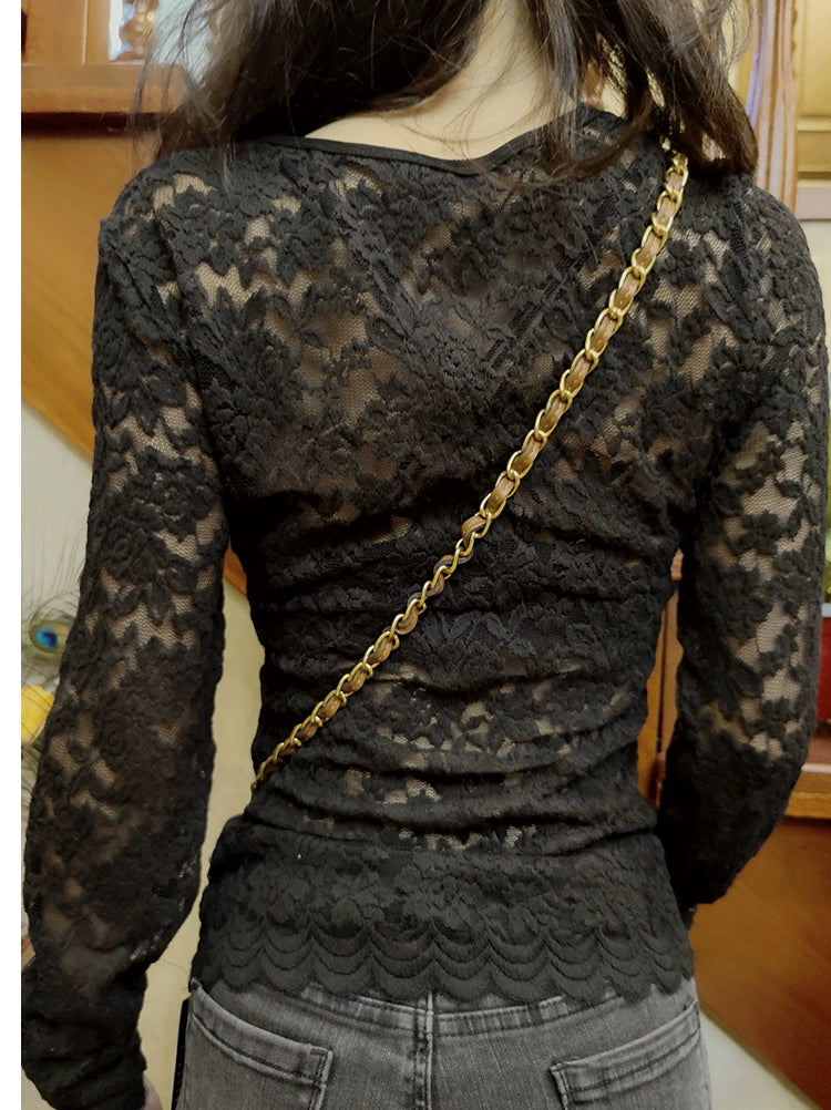 Autumn and Winter V-neck Long Sleeve Black Slim-Fit Bottoming Shirt Lace