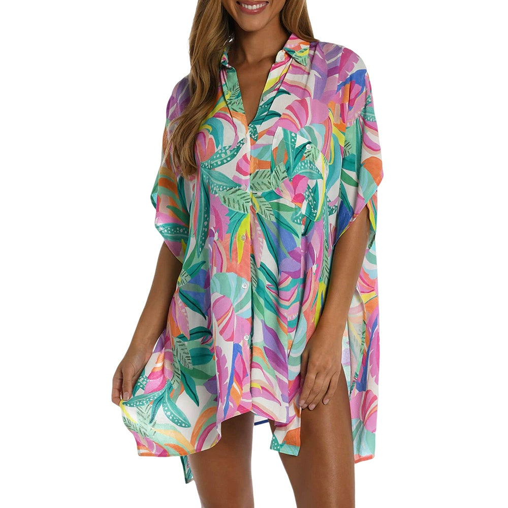 Summer Multi-Color Plant Print Button Half Sleeve Beach Cover-up Fashion Weiyi Style V-neck Double-Breasted Coat for Women