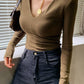 European V-Neck Inner Match Padded Shoulder Cotton Long-Sleeve T-shirt