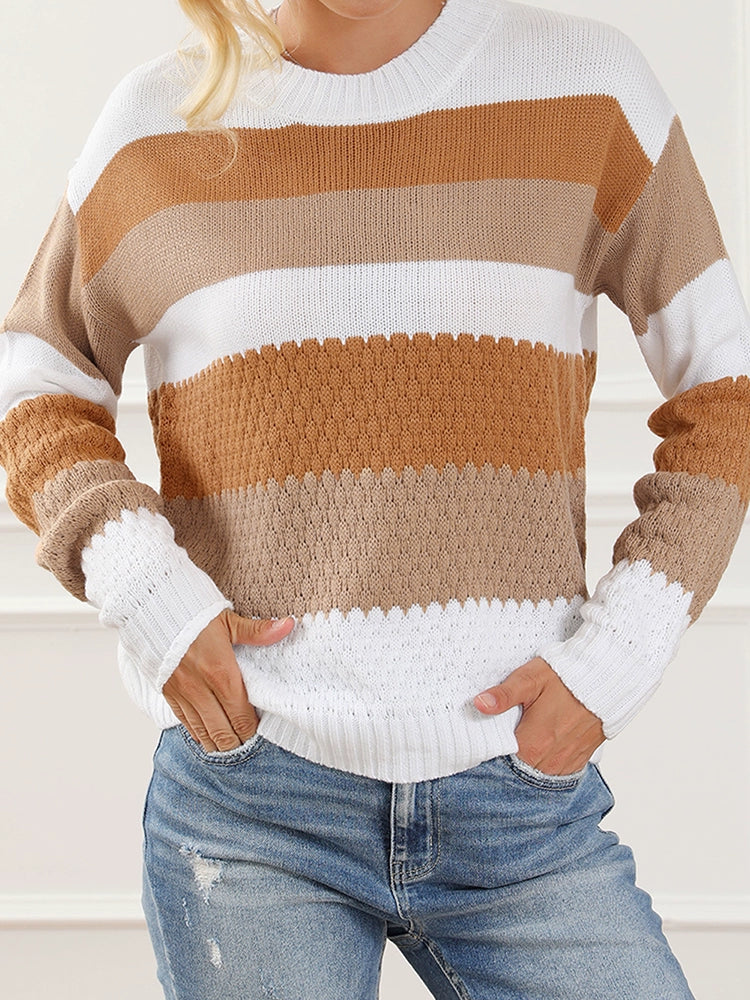 Fashion Stripe Texture Feeling Pullover Sweater Fall and Winter New Arrival Casual Belly Covering Lady Thermal round-Neck Knitwear Tops