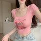 Women's Summer Low Collar Chest-Flattering Pink Cute Short Sleeve Tops