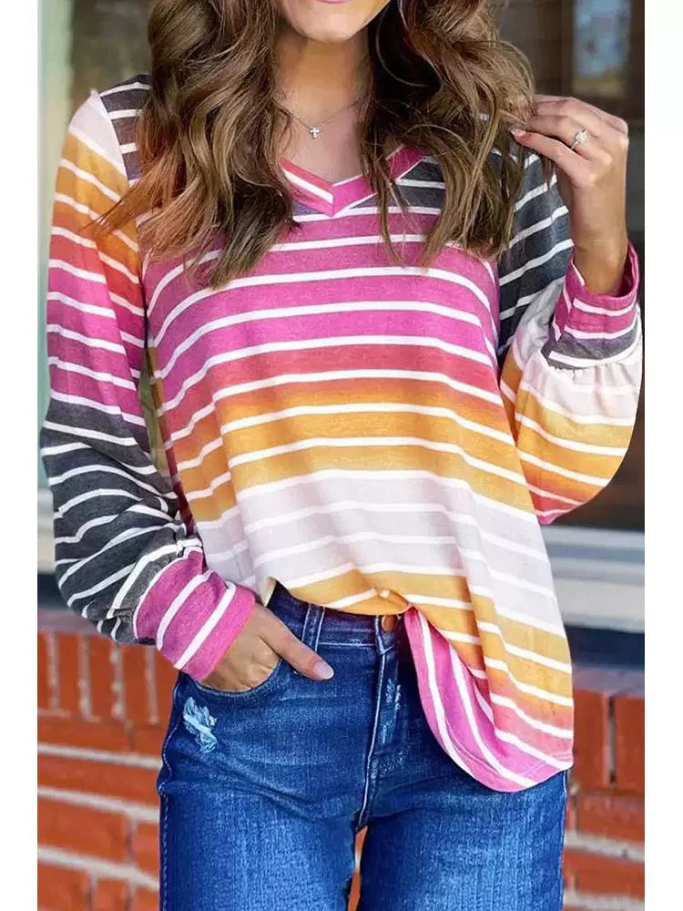 Fall and Winter Color Stripes Thin Fashion V Neck Long Sleeves T-shirt