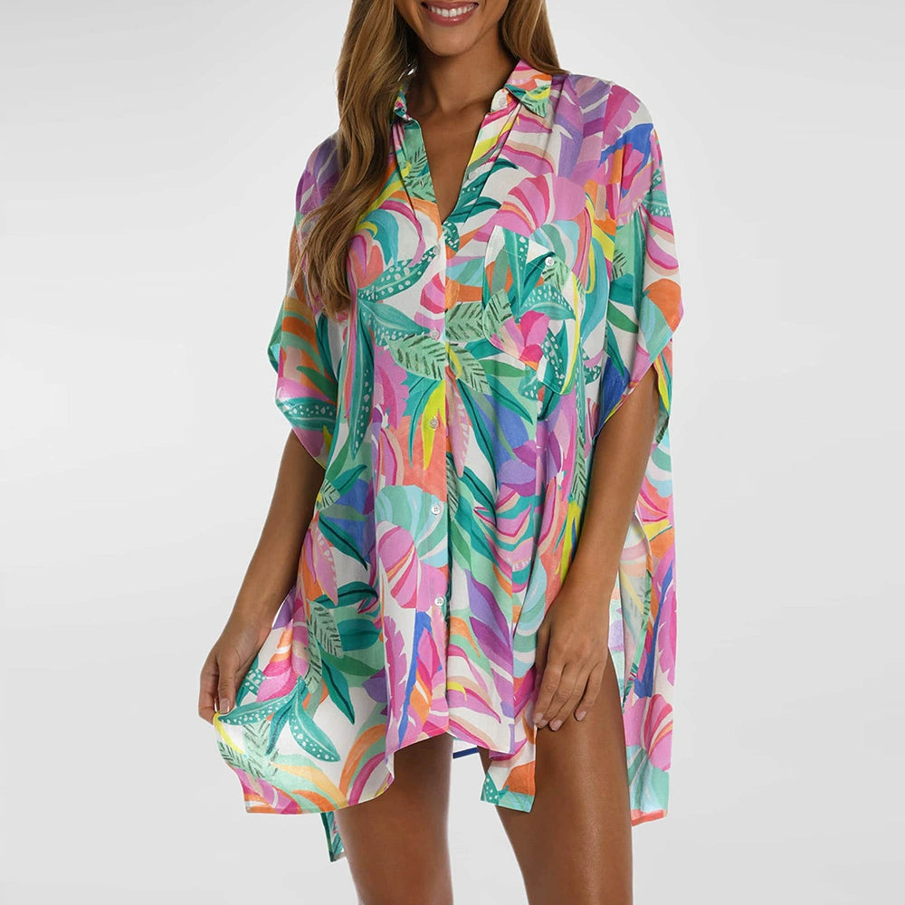 Summer Multi-Color Plant Print Button Half Sleeve Beach Cover-up Fashion Weiyi Style V-neck Double-Breasted Coat for Women