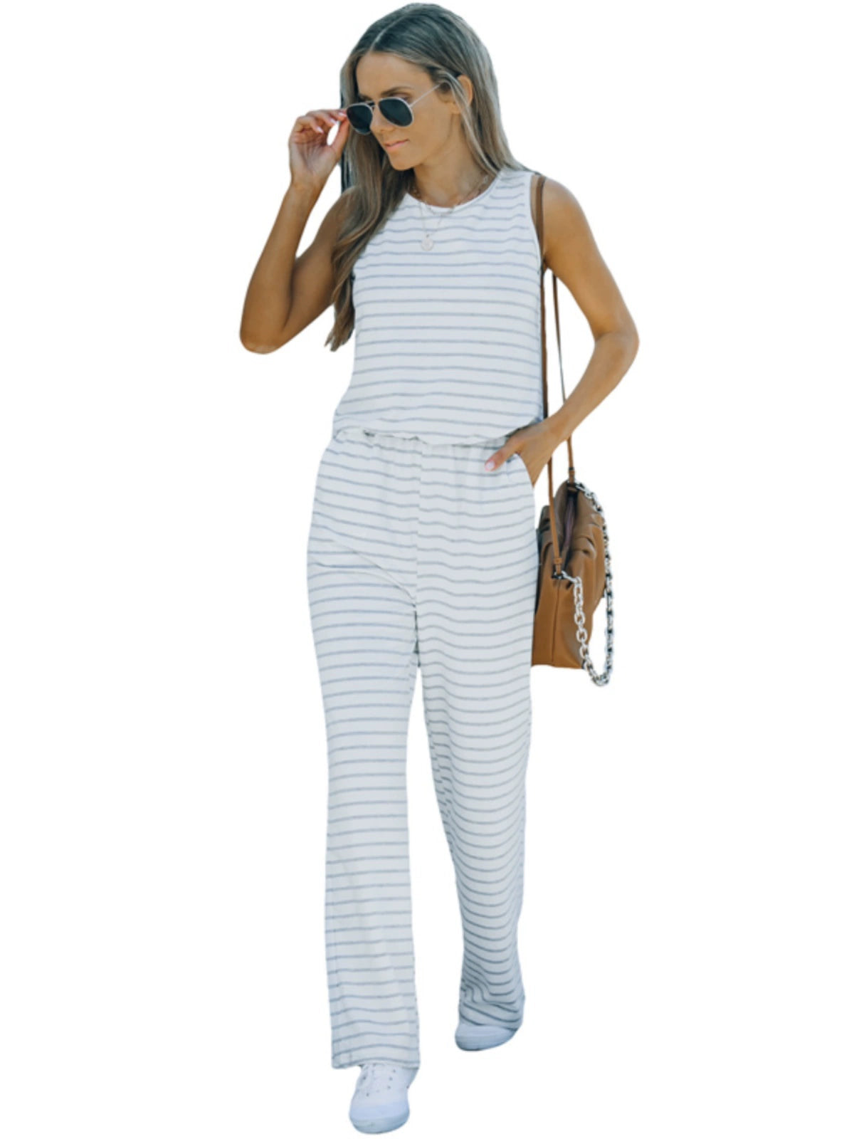 Fitted Waist Striped European Station Casual Pants Elastic Band