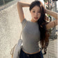 Gray Pure Desire Slim Fit Midriff-Baring Top T-shirt with Short Sleeves