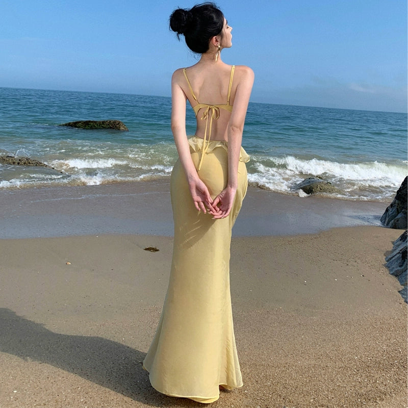 Cross Sexy Open Back Hip Lotus Leaf Long Dress