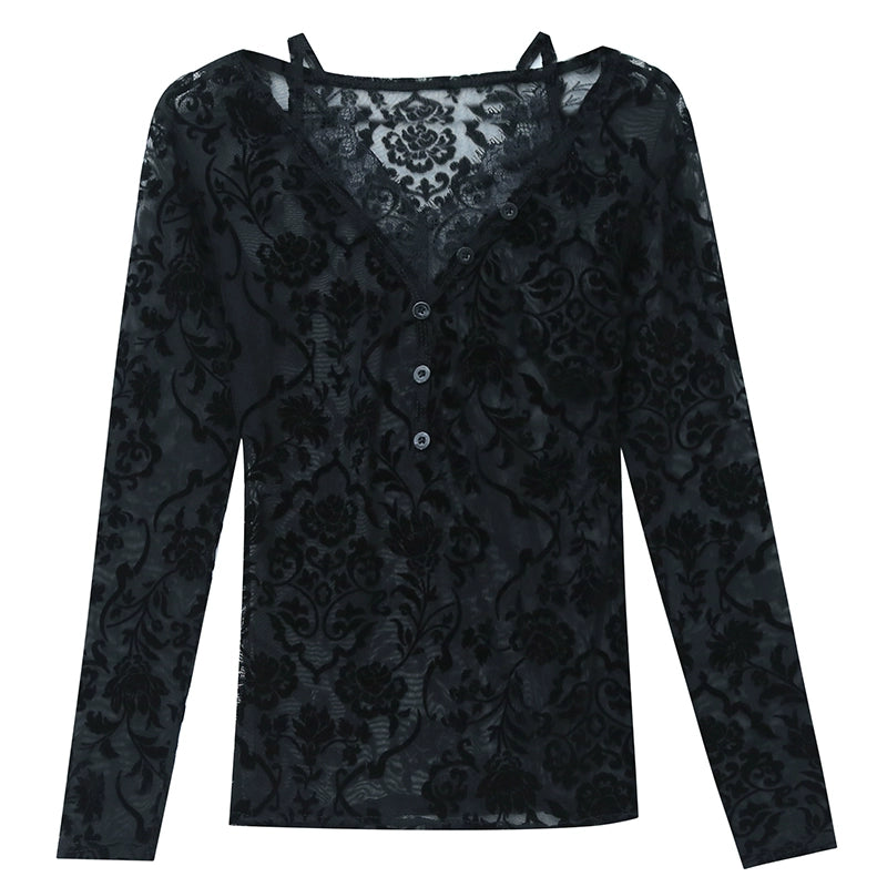 Black Long Sleeve Inner Wear Fashion Mesh Top Lace