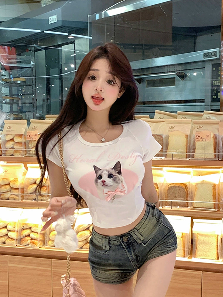 Women's Cat Spring Slim-Fitting Midriff-Baring Short Sleeve Cartoon