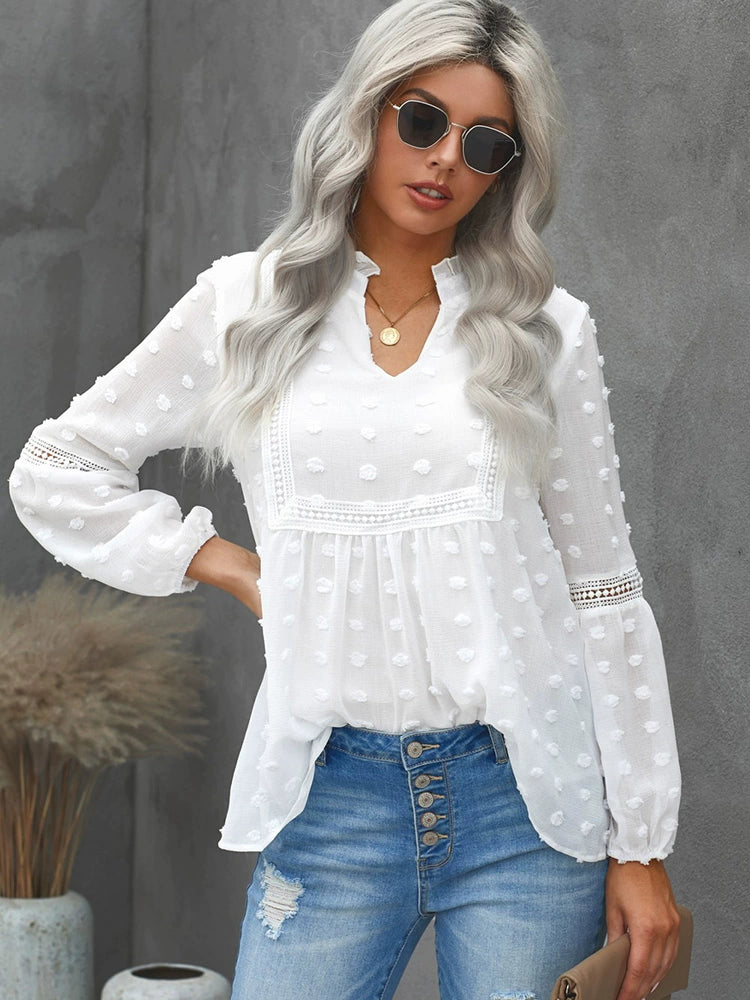 Fashion Long Sleeves Shirt Women Autumn New Arrival Pure Color Tops Venonat Decoration V-neck Pullover Lace Shirt Women