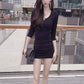 Pleated Spring and Autumn Slim Fit V-neck Hip Long Sleeve Dress