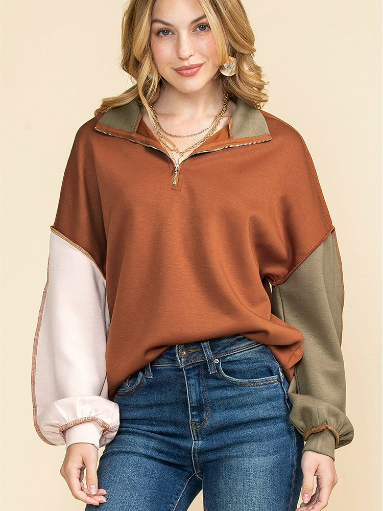 Fall 2024 New Arrival Colored Pullover Sweatshirt Women Fashion Loose Easiest for Match Casual Half Open V-neck Long Sleeve Top Women