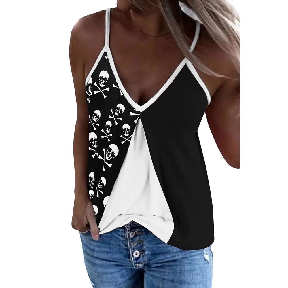 Retro Deep V-neck Sleeveless Skull Printed Vest