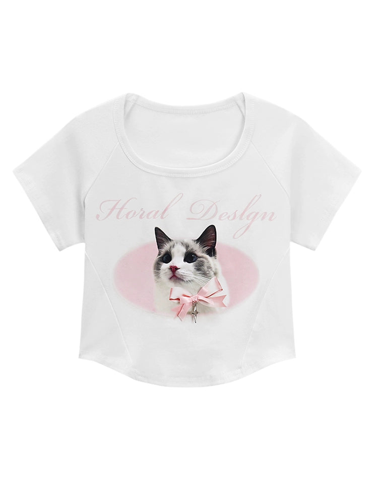 Women's Cat Spring Slim-Fitting Midriff-Baring Short Sleeve Cartoon