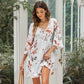 2024 Summer Thin Three-Quarter Sleeve Dress Women Fashion New Arrival Pullover V-neck Fashion Floral Knee-Length Skirt Women