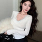 Lace V-neck Patchwork Women's Winter Waist Slim Fit Long-Sleeved T-shirt