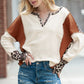 Fashion Leopard Print Stitching Long Sleeve T-shirt Women 2024 Spring & Fall New V-neck Pullover Women Casual Pullover Tops