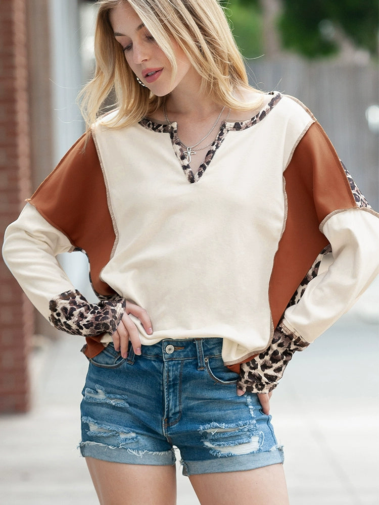 Fashion Leopard Print Stitching Long Sleeve T-shirt Women 2024 Spring & Fall New V-neck Pullover Women Casual Pullover Tops