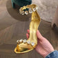 European and American-Style Stiletto Rhinestone French-Style Golden Open Toe Banquet