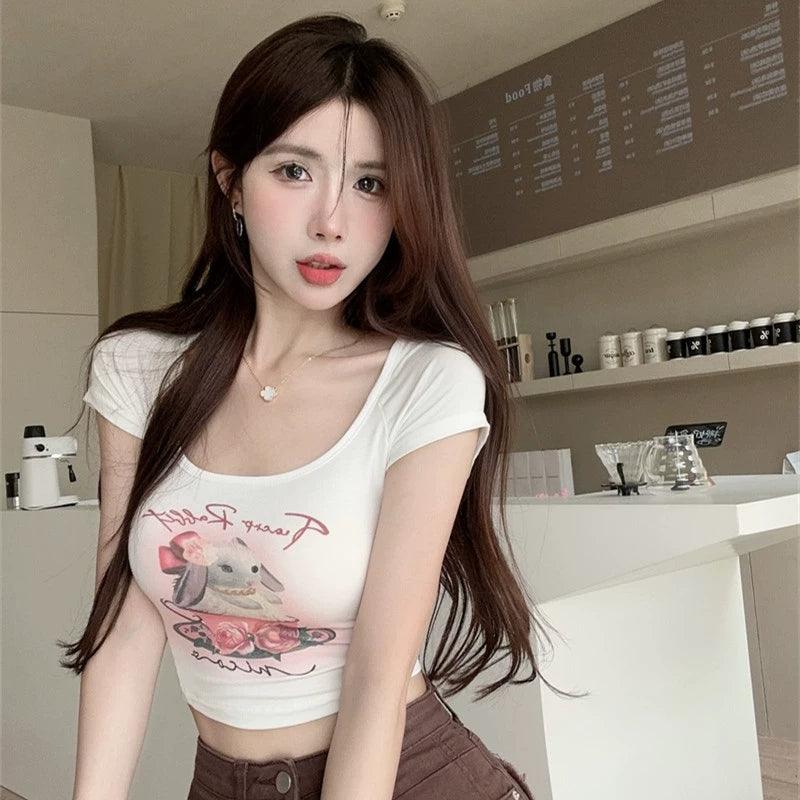 Women's Summer Low Collar Chest-Flattering Pink Cute Short Sleeve Tops