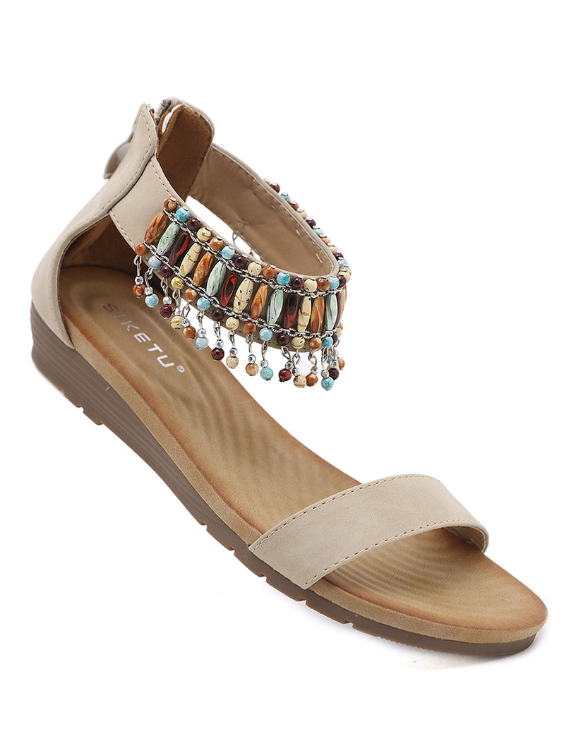 Spring and Summer Dangling Beads Toe Covering Chinese Style Wedge Heel Travel Sandals