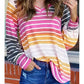 Fall and Winter Color Stripes Thin Fashion V Neck Long Sleeves T-shirt