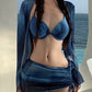 Fashion Sexy Pure Desire Wind Sexy Blue White Bikini Four-Piece Suit Fancy Steel Bracket Gather Vacation Swimsuit