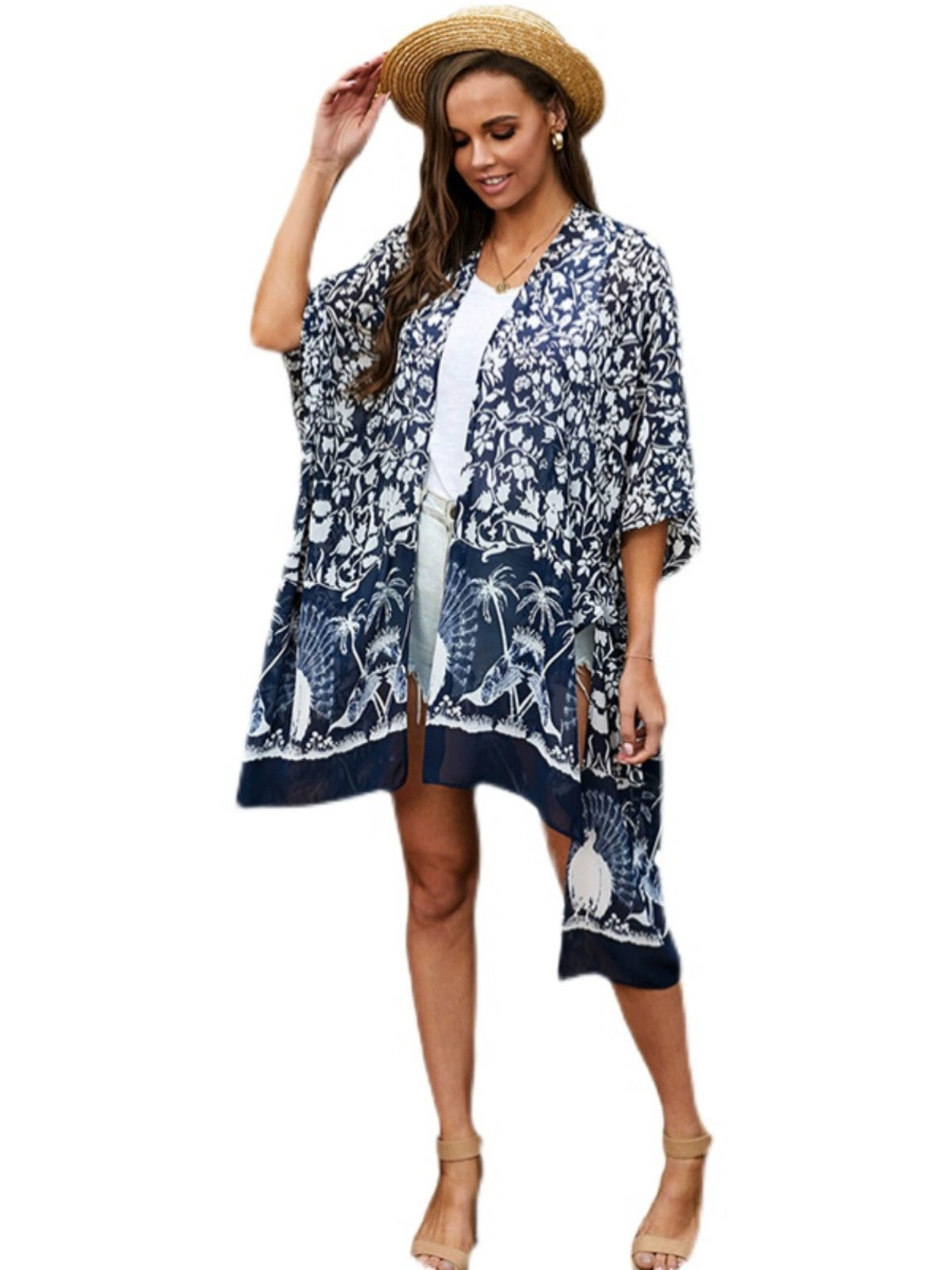 European and American Bikini Blouse Cardigan Summer New Arrival Print Beach Sun Protection Clothing Mid Length Long Length Chiffon Blouse for Women