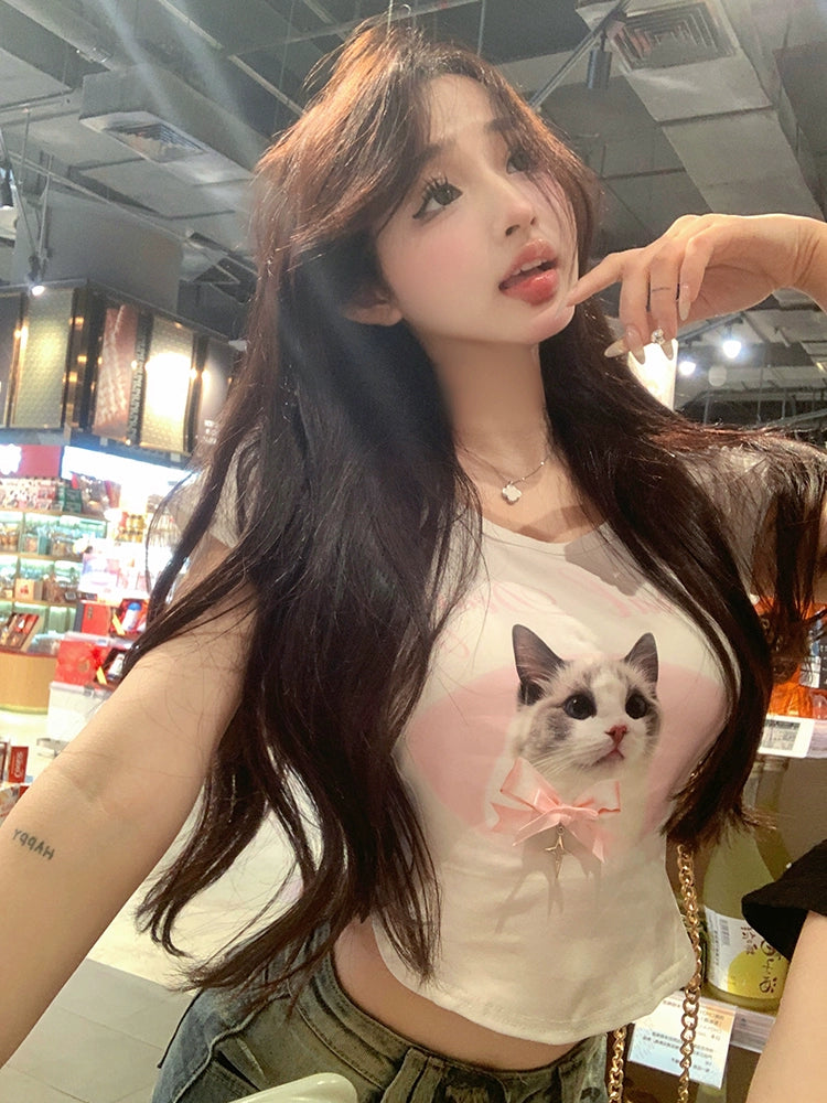 Women's Cat Spring Slim-Fitting Midriff-Baring Short Sleeve Cartoon