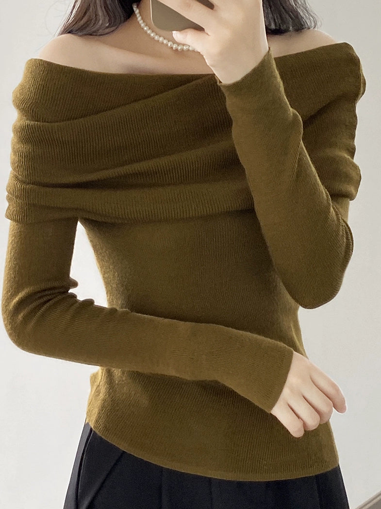 Off-Shoulder off-Neck Slim Fit Inner Wear Long Sleeve Sweater