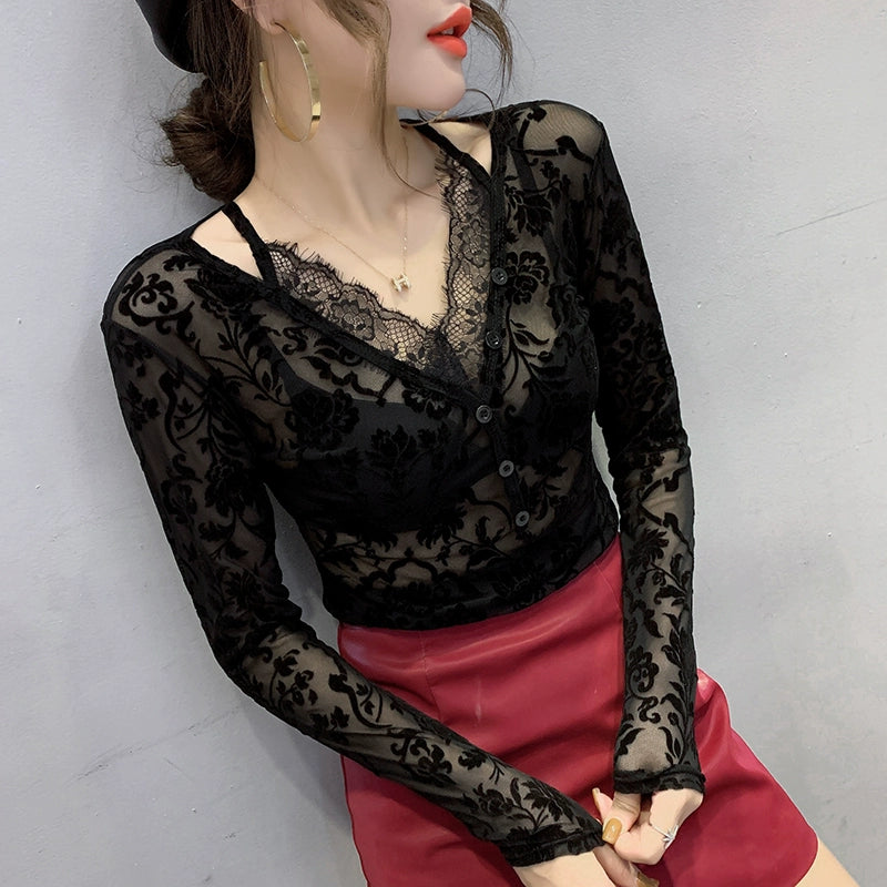 Black Long Sleeve Inner Wear Fashion Mesh Top Lace