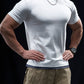 Men's Summer American Style Fake Two Pieces Short Sleeve Sports Workout Elastic T-shirt Trendy Solid Color Casual Breathable Half Sleeve