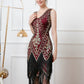 Retro Double-Layered Tassel Dress Gatsby Prom Sequin Dress Party V-neck Bead Dance Dress