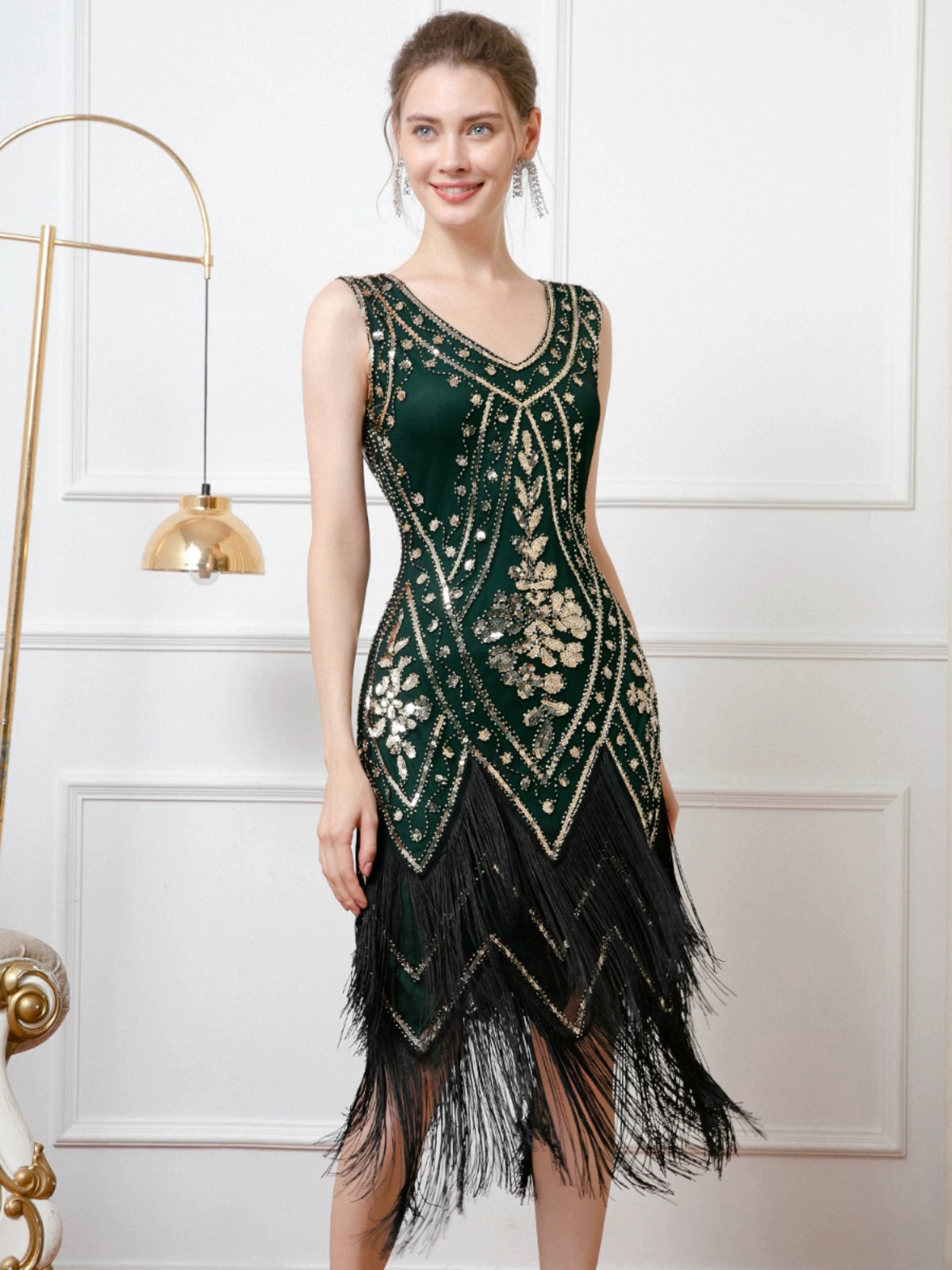 Retro Double-Layered Tassel Dress Gatsby Prom Sequin Dress Party V-neck Bead Dance Dress