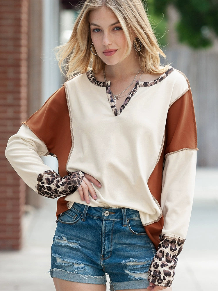 Fashion Leopard Print Stitching Long Sleeve T-shirt Women 2024 Spring & Fall New V-neck Pullover Women Casual Pullover Tops